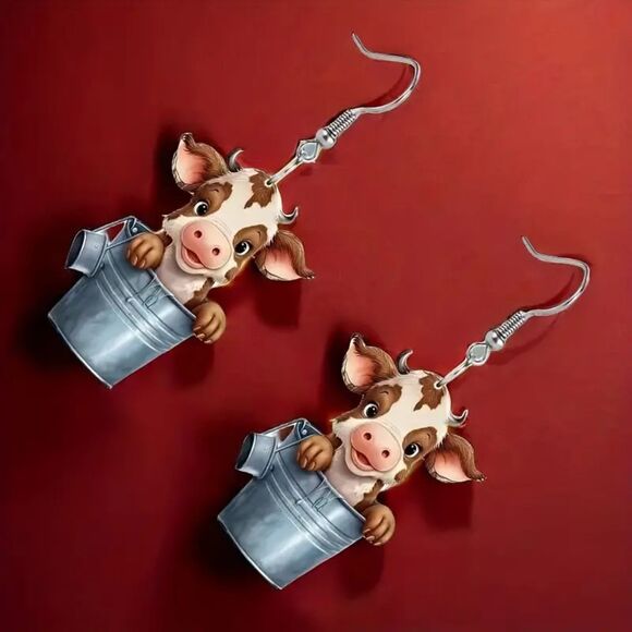 New Acrylic Cow in a Bucket Earrings, 1 pair - Picture 5 of 6